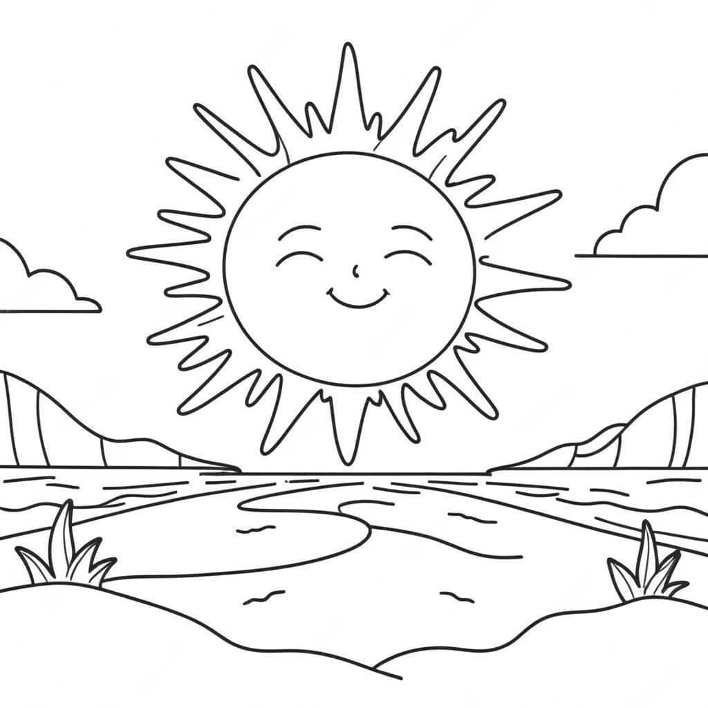 Sole sopra la spiaggia da colorare