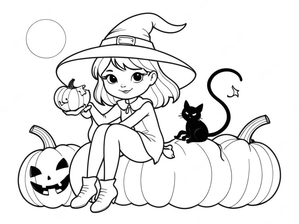 Strega con zucca e gatto nero da colorare