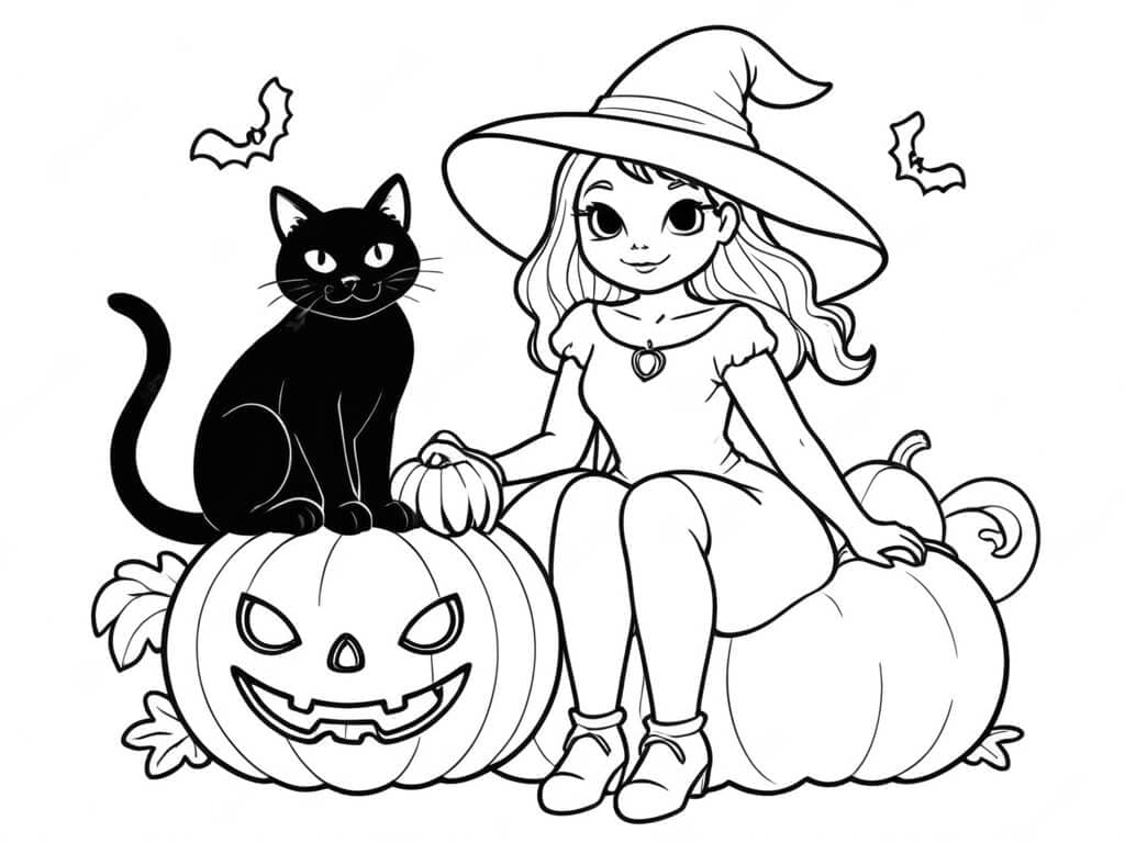 Strega e gatto nero da colorare