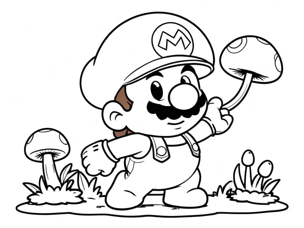 Super Mario piccolo con funghi da colorare