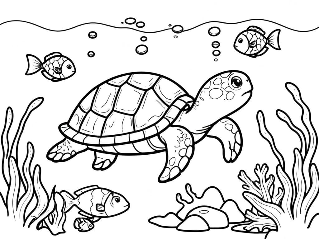 Tartaruga e pesci nell'oceano da colorare