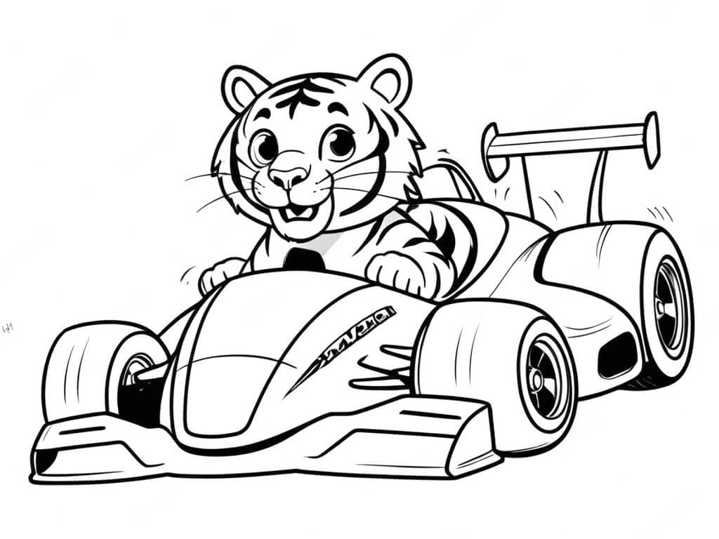 Tigre in auto da corsa da colorare