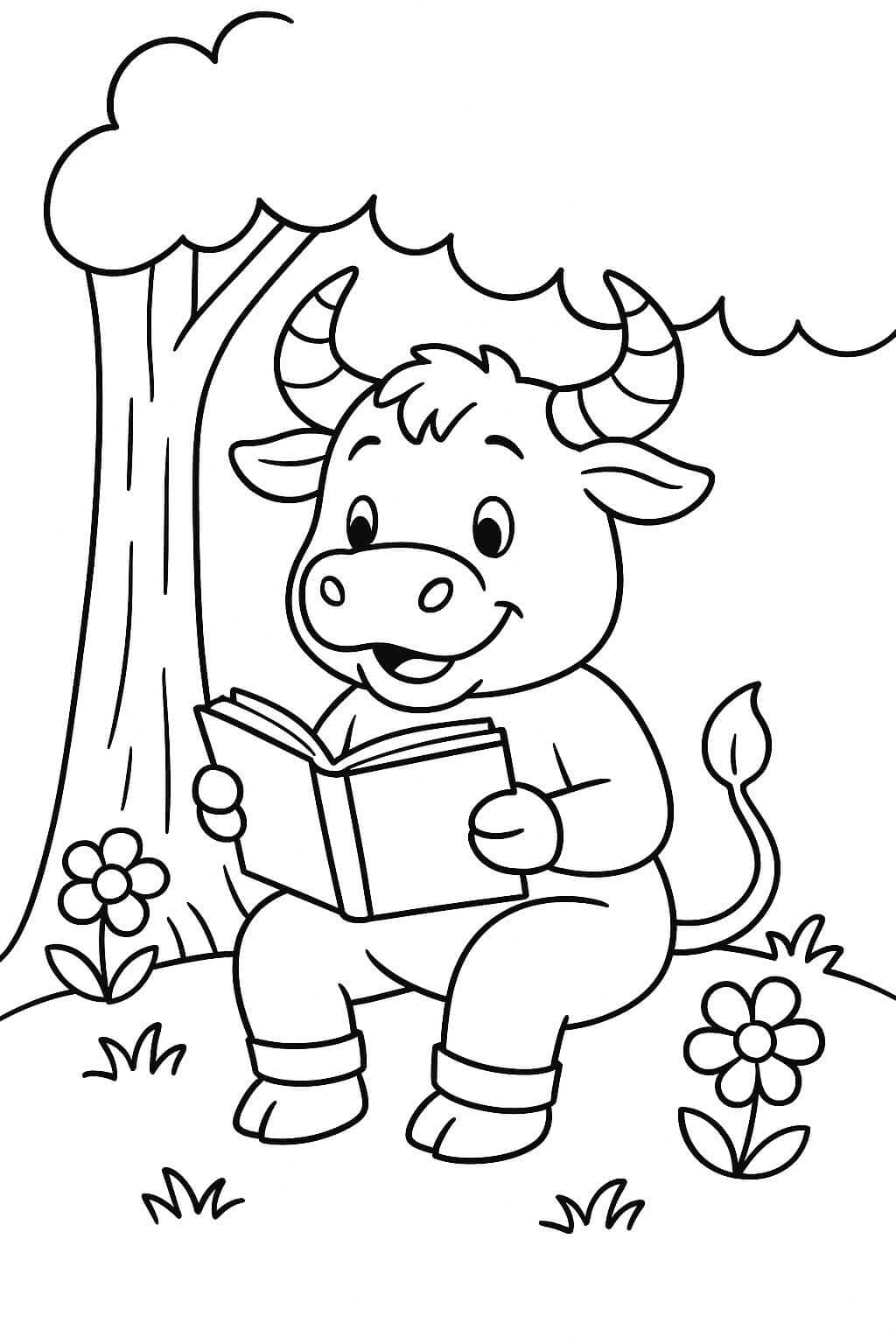 Toro che legge un libro da colorare