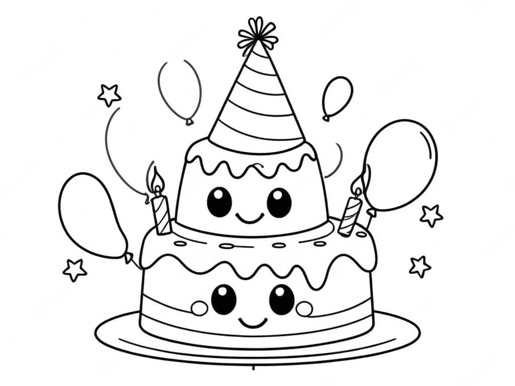 Torta con cappello e palloncini da colorare