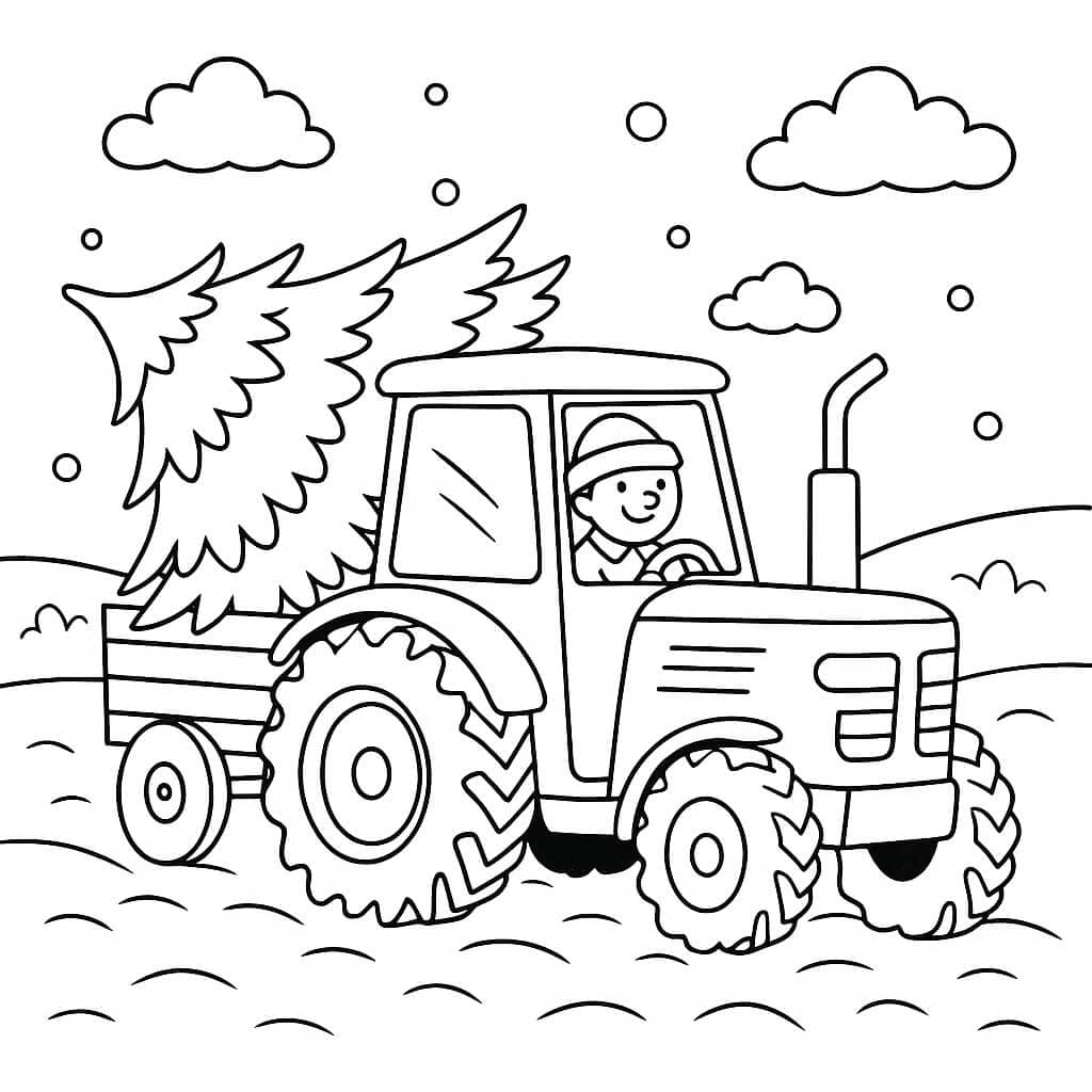 Trattore con albero di Natale da colorare