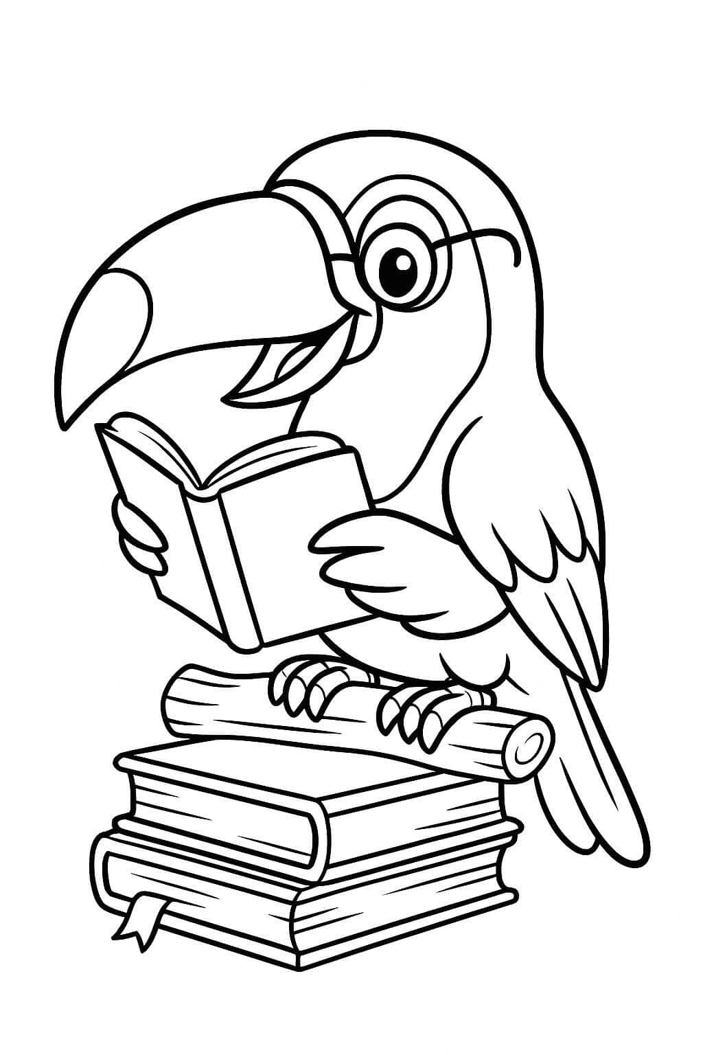 Tucano che legge un libro da colorare