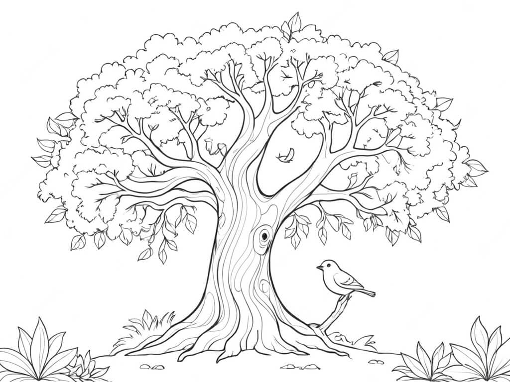 Grande albero con uccello da colorare