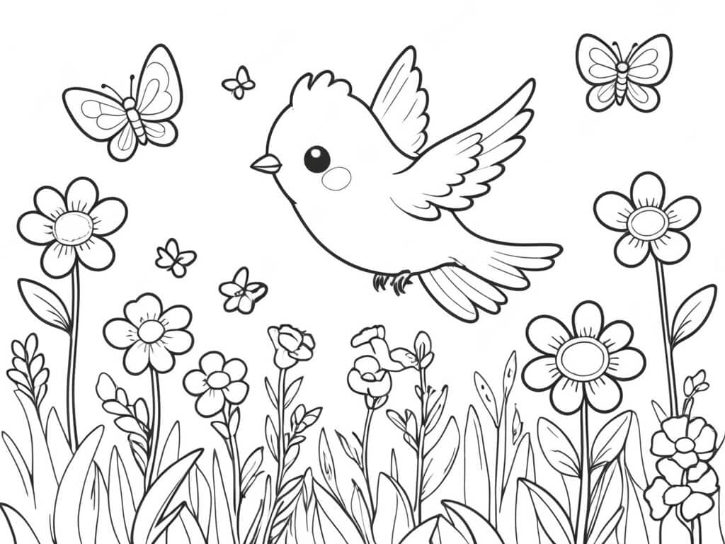 Uccello che vola nel giardino fiorito da colorare