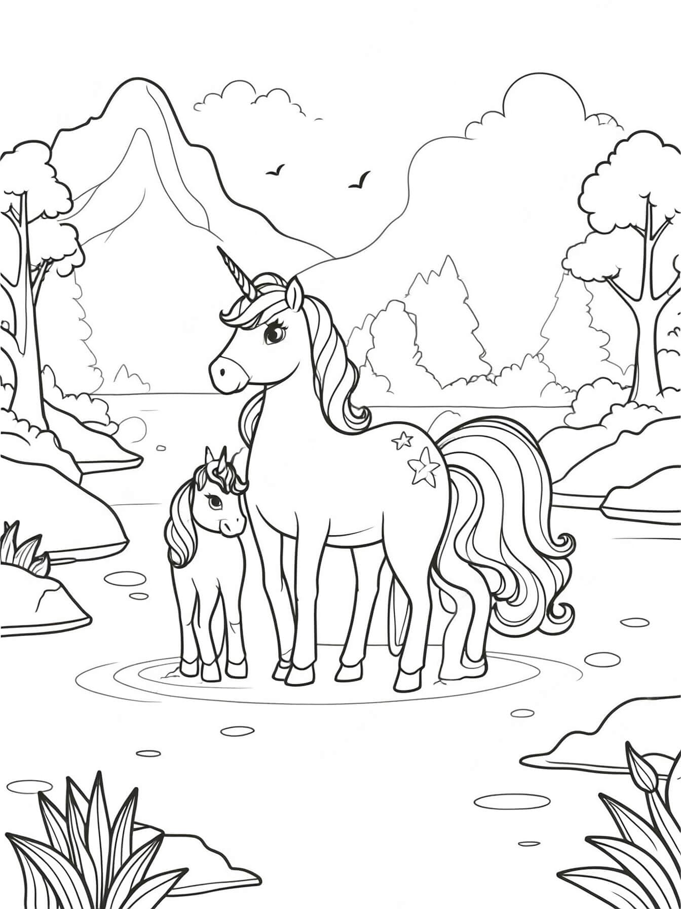 Famiglia di unicorni al lago da colorare