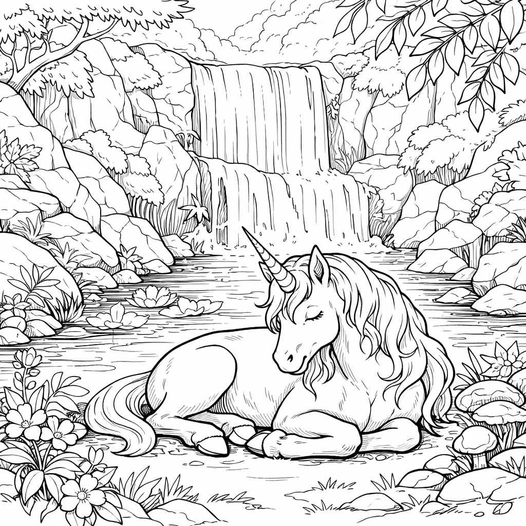 Unicorno alla cascata da colorare