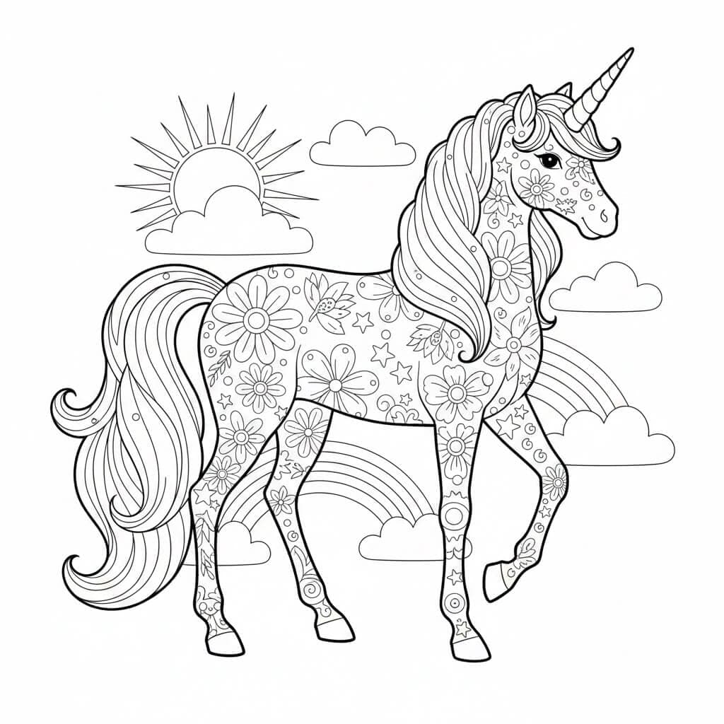 Unicorno con fiori da colorare