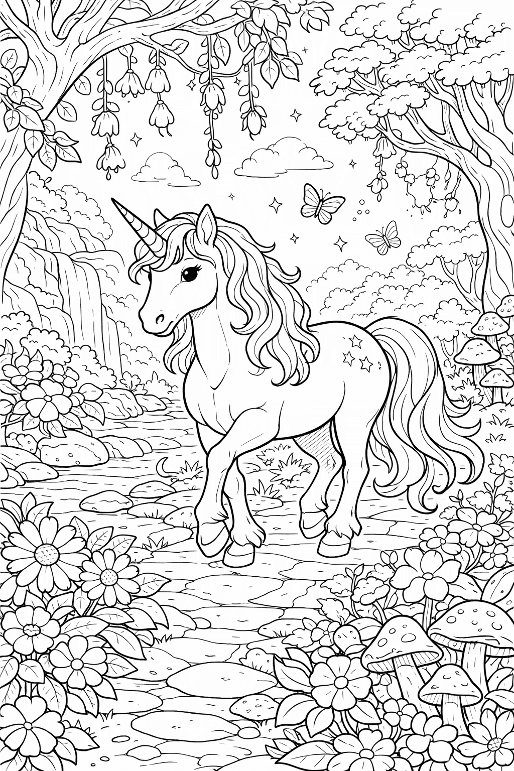 Unicorno nel bosco incantato da colorare